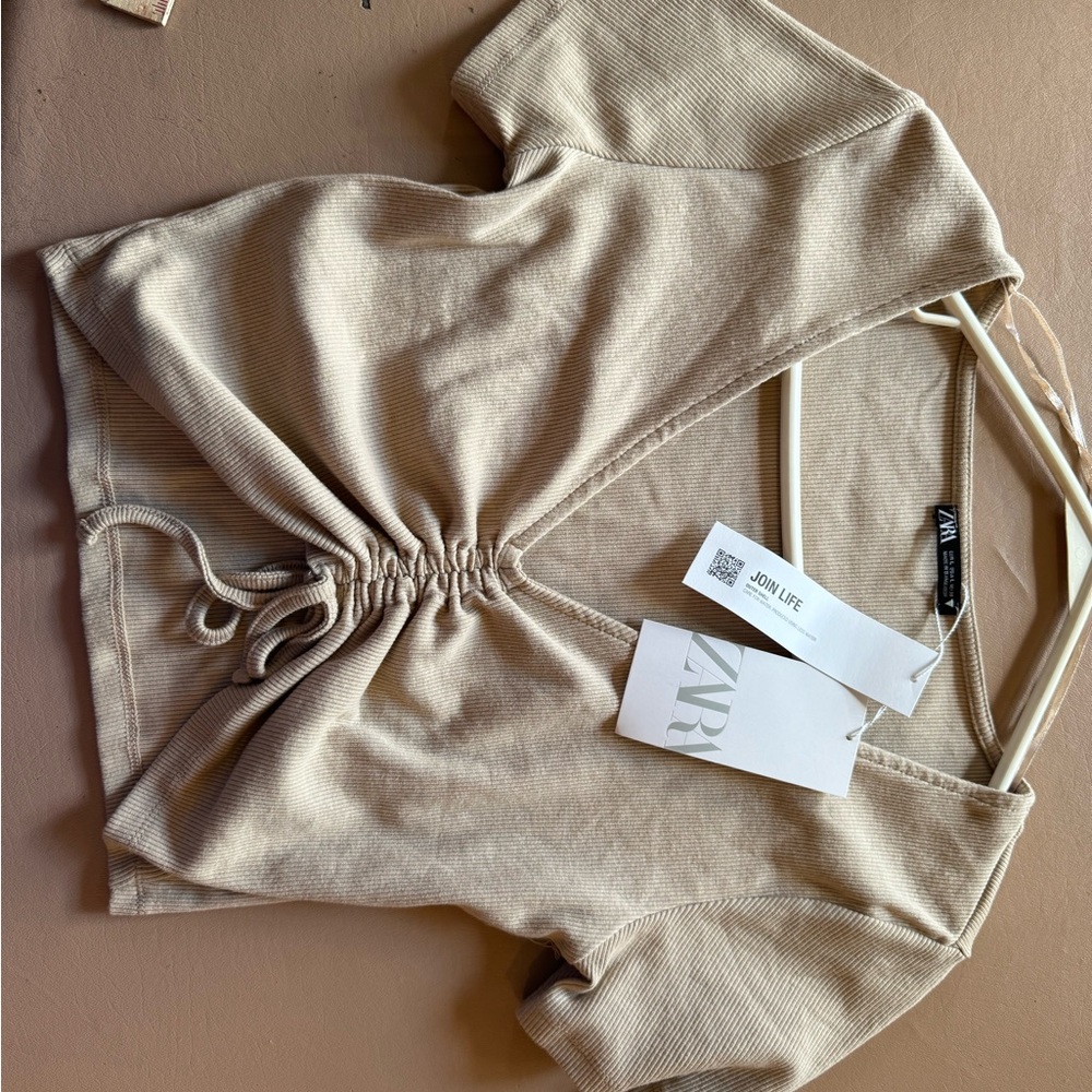 Zara Tan Gathered V-Neck Top